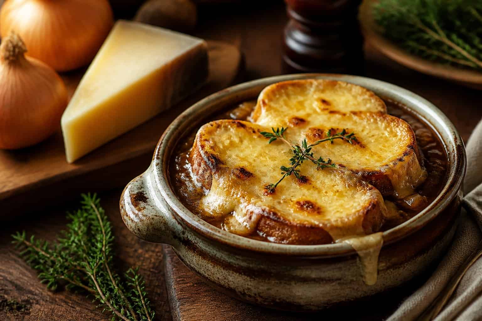 A bowl of French onion soup topped with melted Gruyère cheese on a wooden table with fresh onions and cheese nearby.