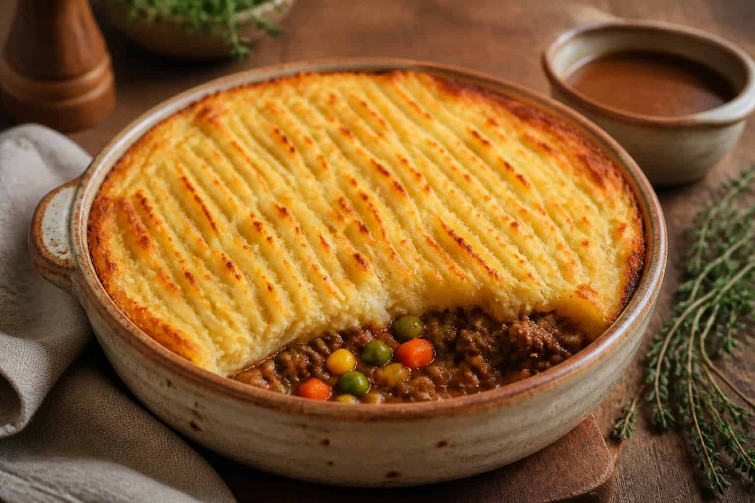 A freshly baked shepherd’s pie with a golden mashed potato topping served in a rustic dish on a wooden table with herbs and a bowl of gravy nearby.