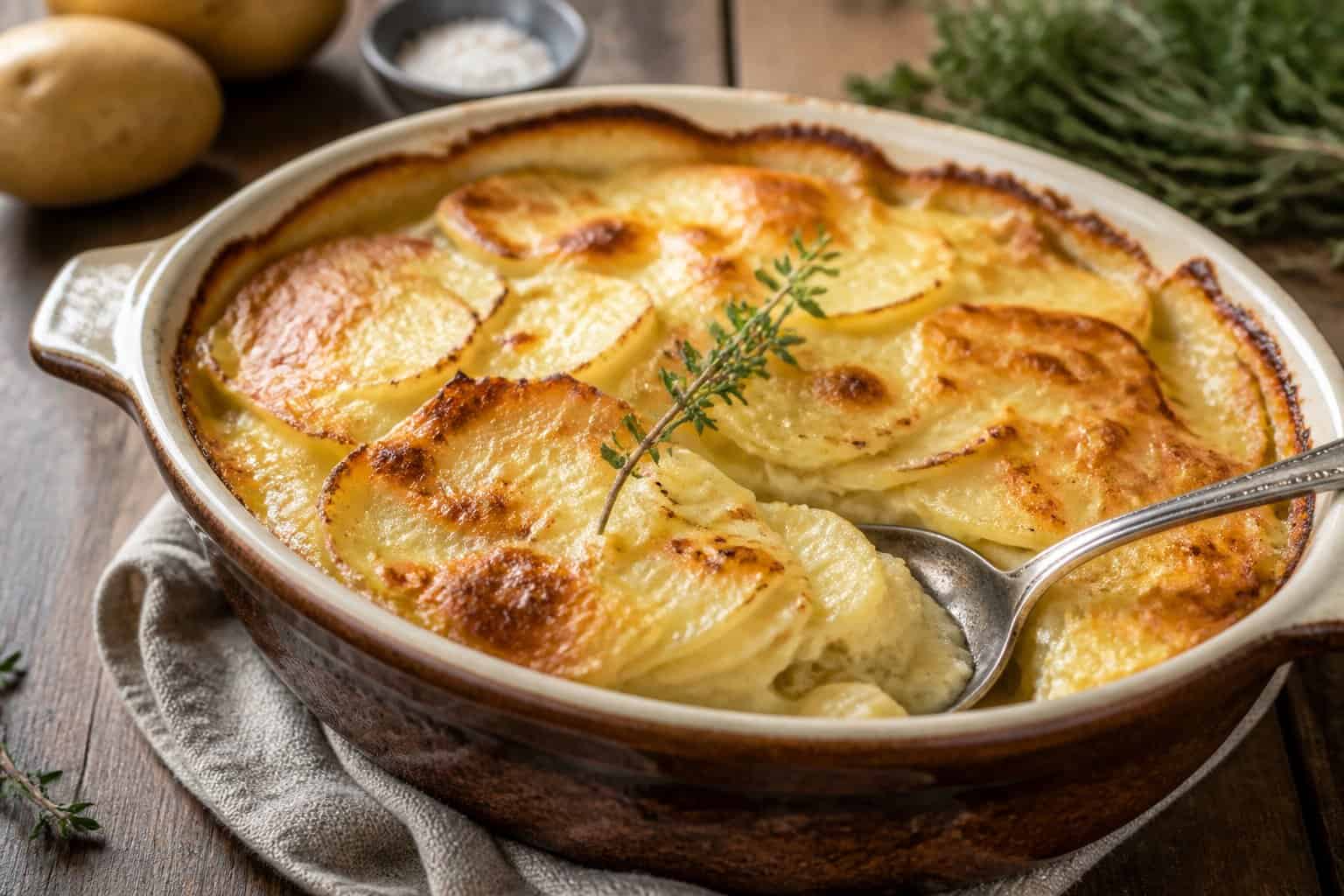 Close-up of a golden-brown potato gratin in a ceramic dish on a wooden table with a serving spoon and herb garnish.