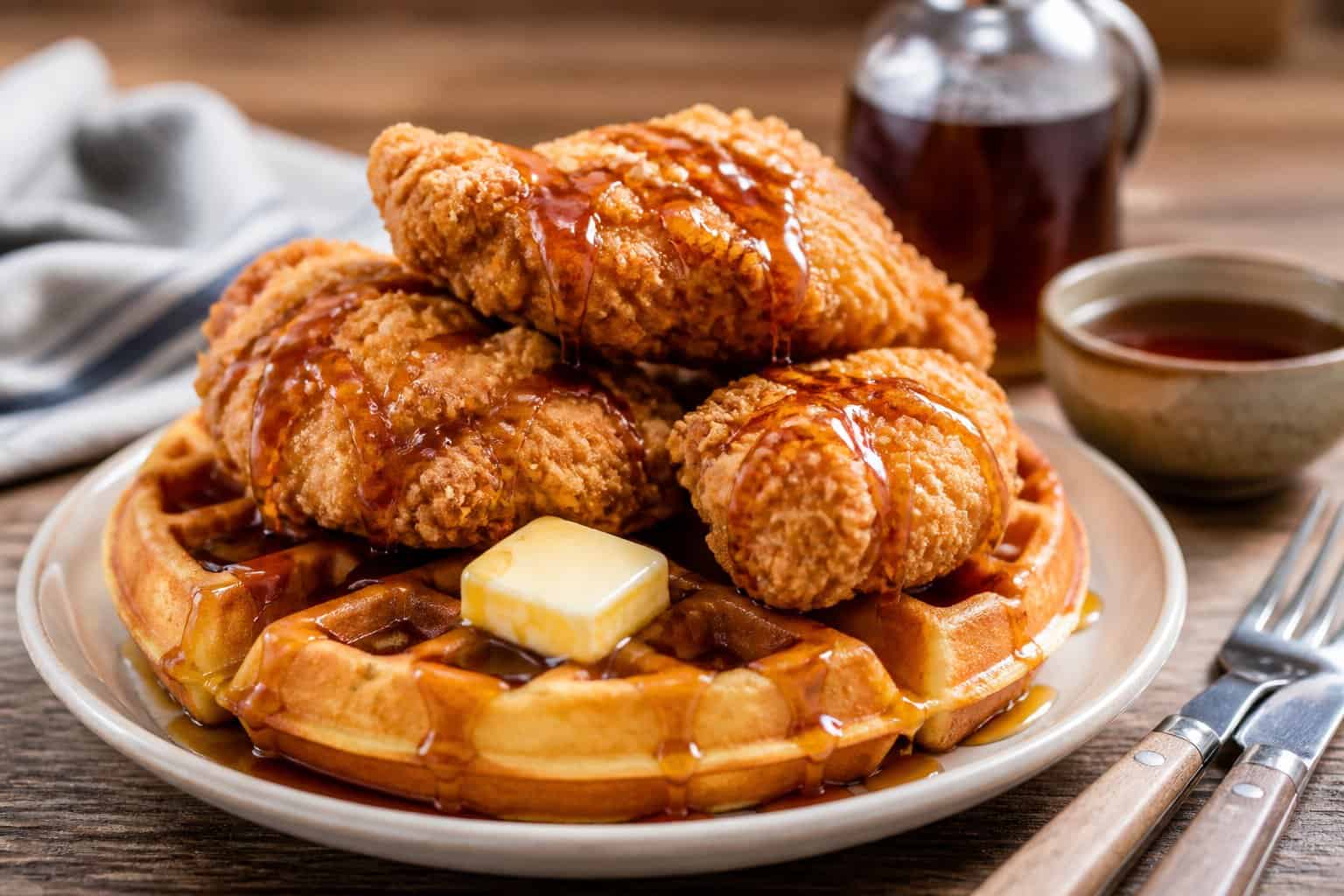 A plate of crispy fried chicken served on top of fluffy waffles with maple syrup and butter on a wooden table.
