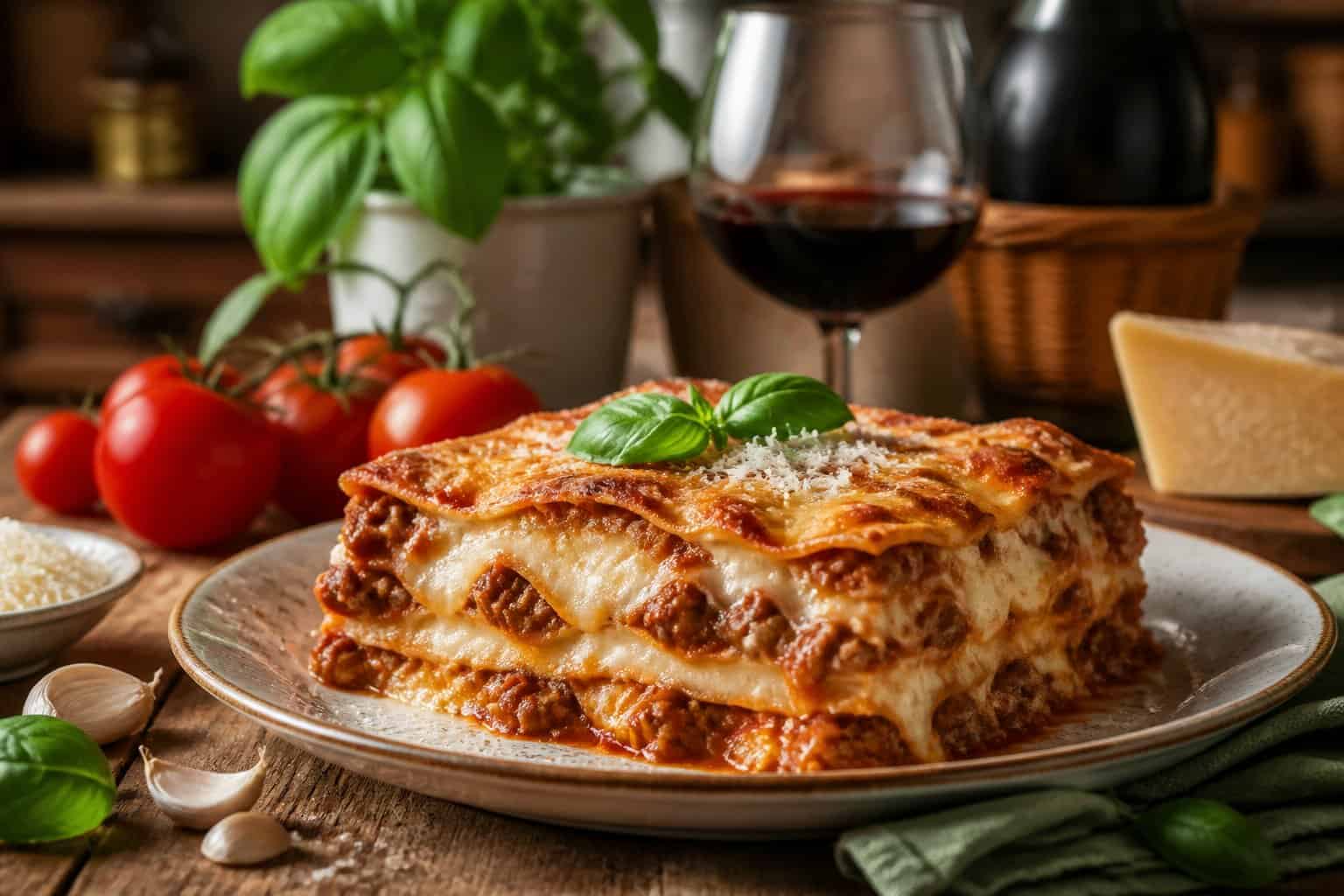 A freshly baked lasagna Bolognese on a wooden table with fresh ingredients and a glass of red wine nearby.