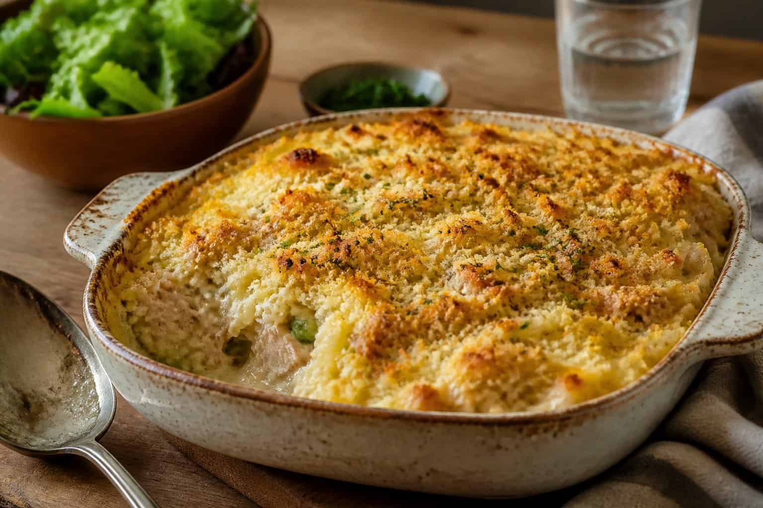A freshly baked tuna noodle casserole with a golden breadcrumb topping on a wooden table, accompanied by a serving spoon and a bowl of salad.