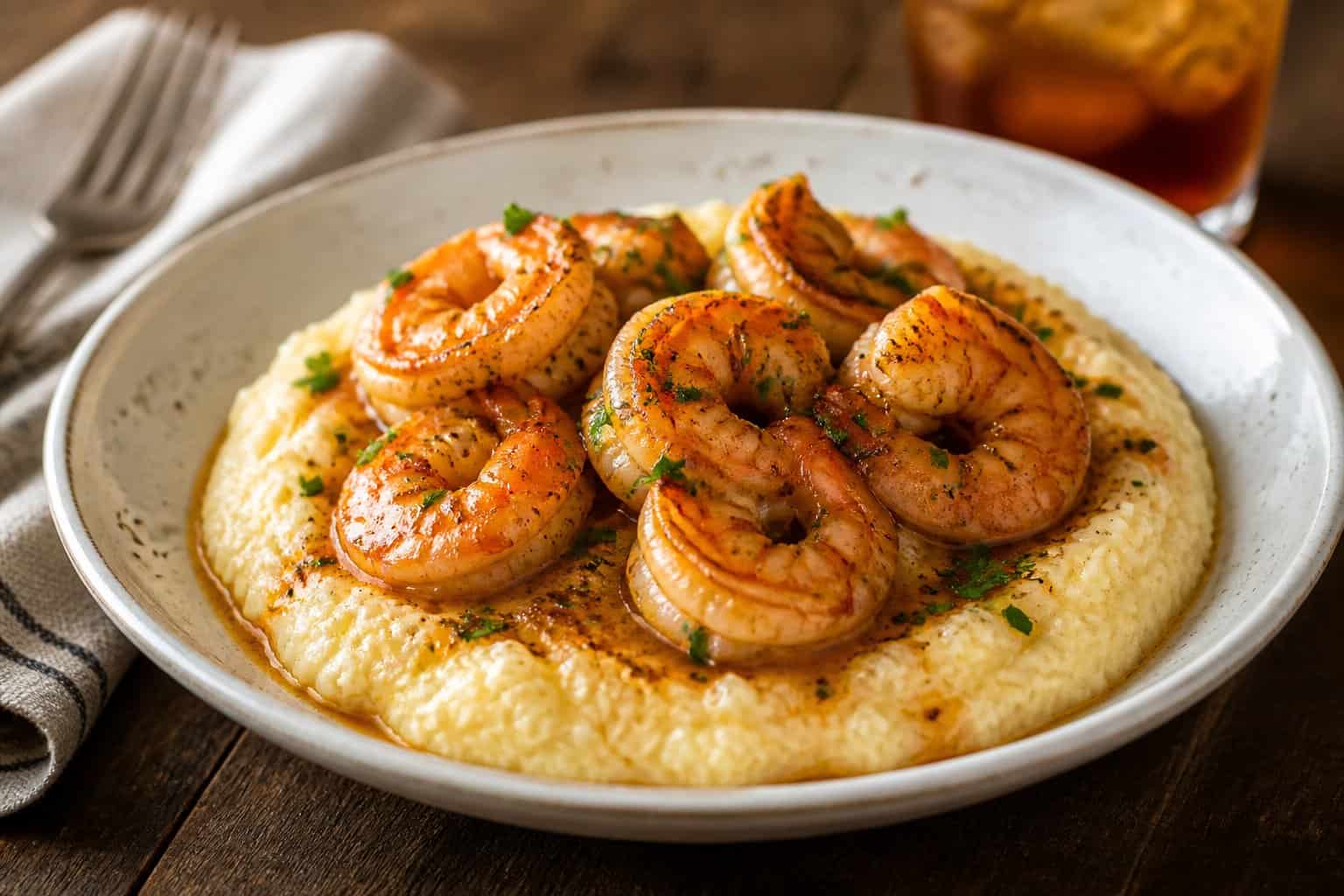 A plate of shrimp and grits with sautéed shrimp, creamy grits, and fresh herbs on a wooden table.