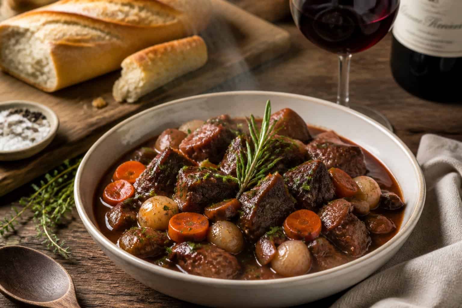 A bowl of beef stew with carrots and onions on a wooden table, accompanied by a glass of red wine and a baguette.