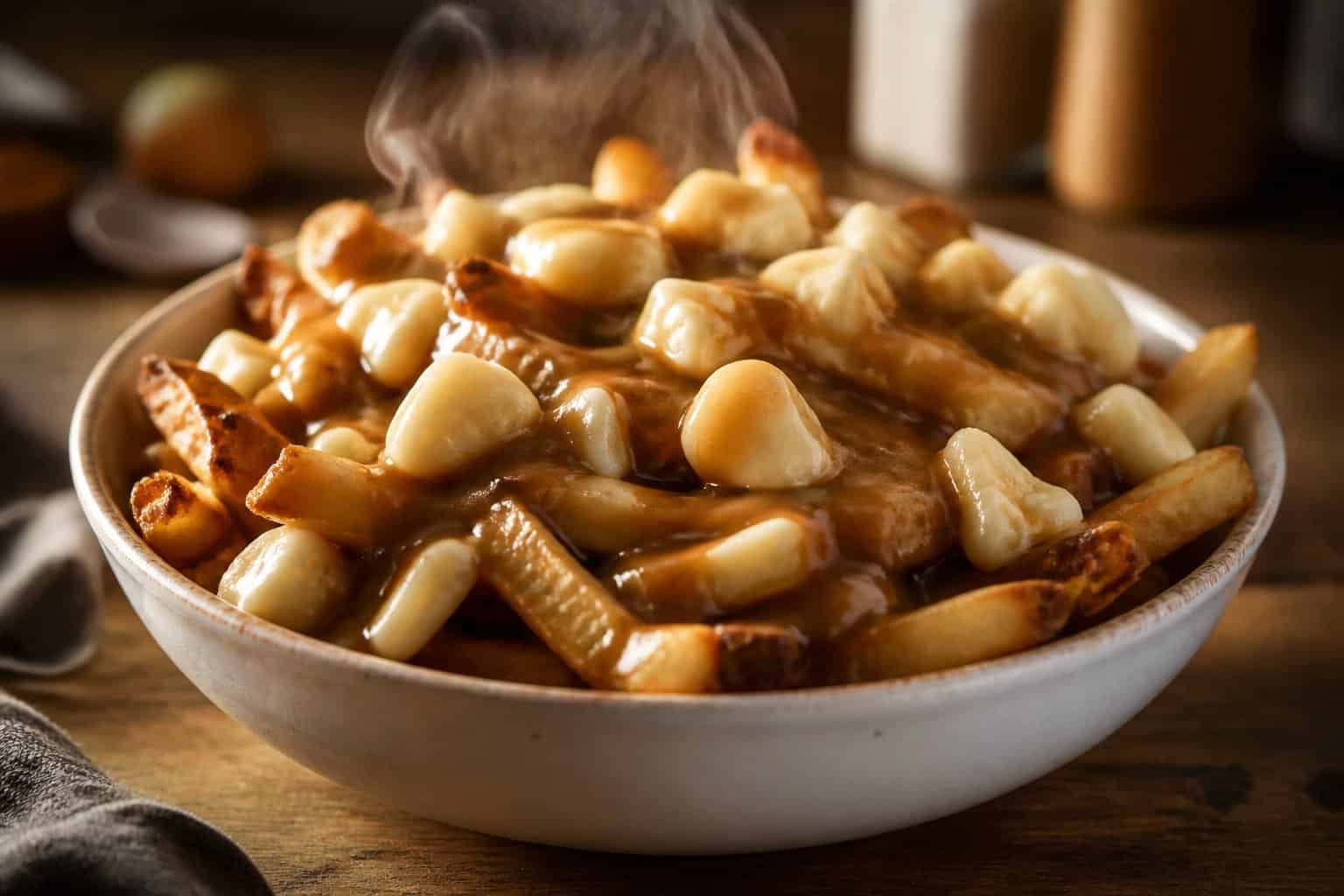 A bowl of French fries topped with cheese curds and brown gravy on a wooden table.