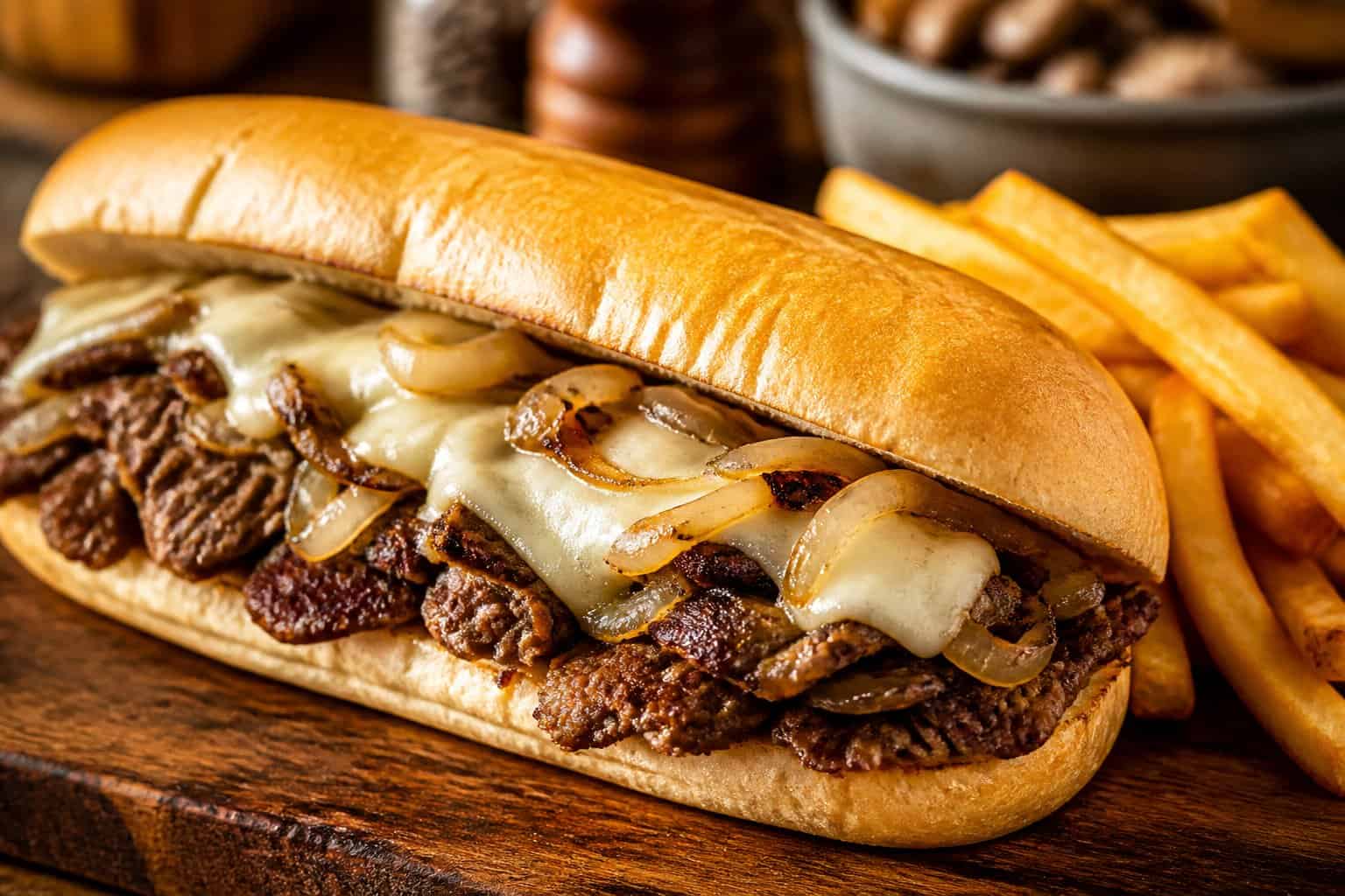 A Philly cheesesteak sandwich with grilled steak, melted cheese, and onions in a hoagie roll, served with French fries on a wooden board.
