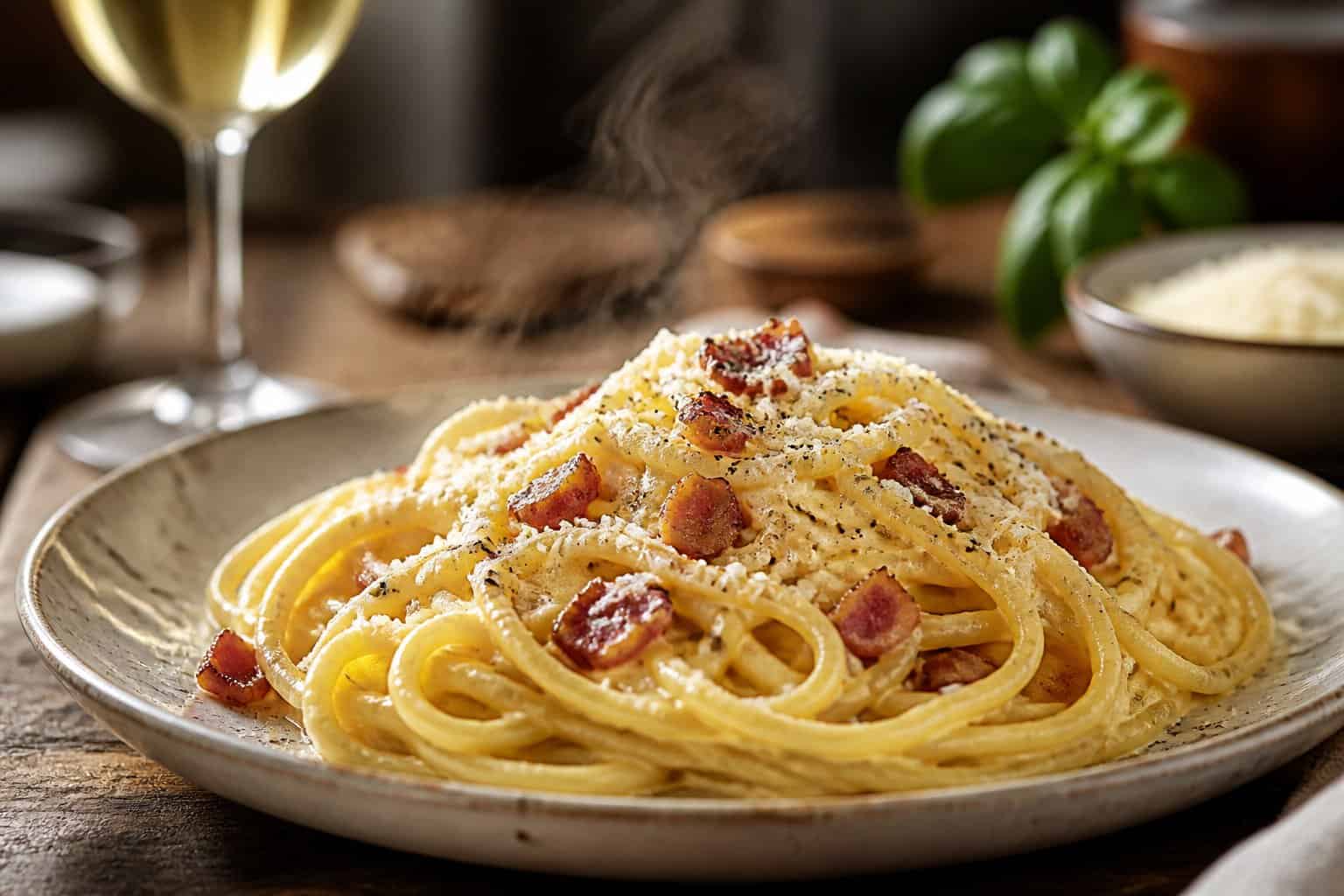 A plate of spaghetti carbonara with creamy sauce, pancetta, and black pepper on a wooden table with a glass of white wine in the background.