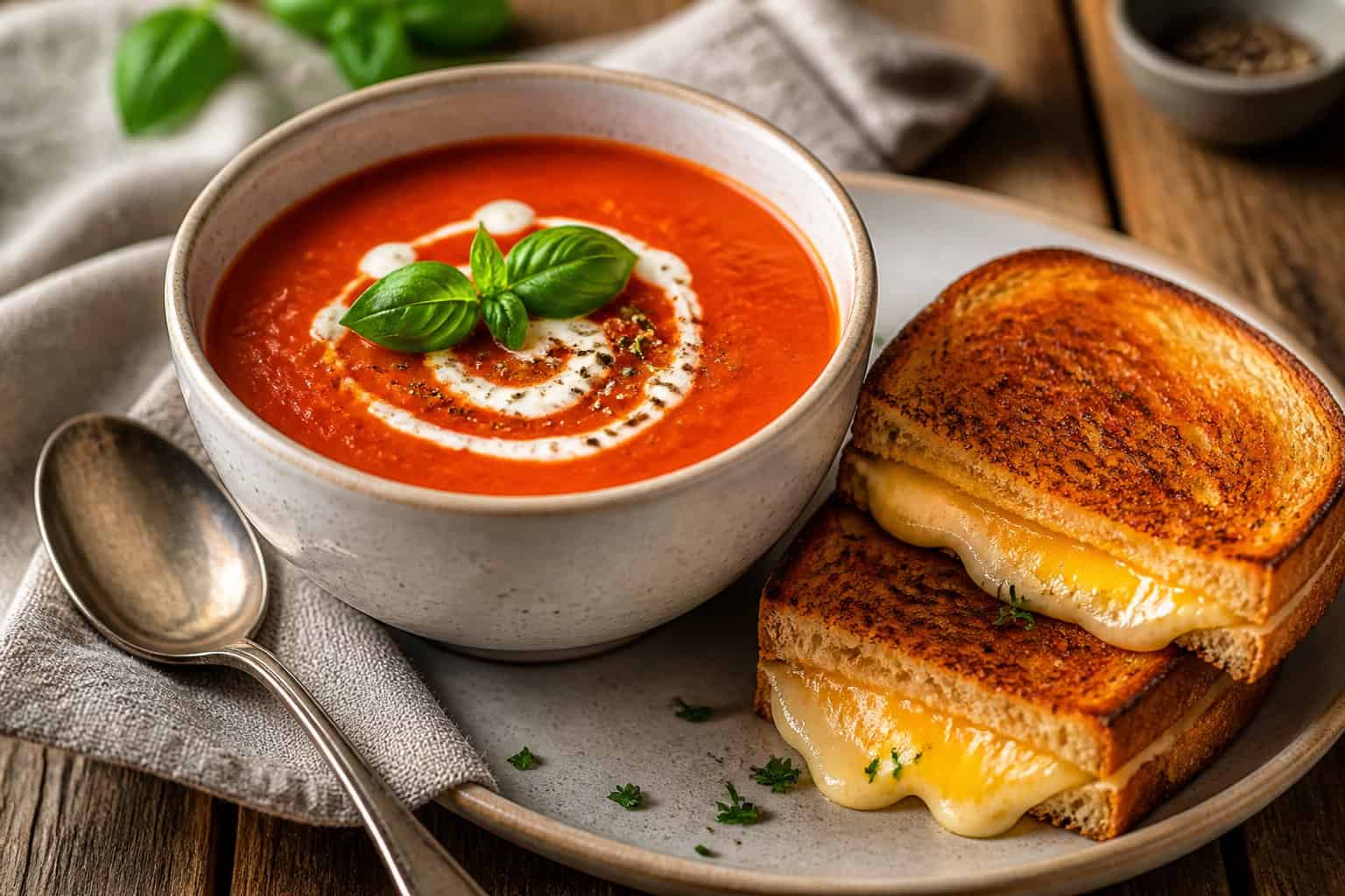 A bowl of tomato soup garnished with basil and a grilled cheese sandwich on a wooden table.
