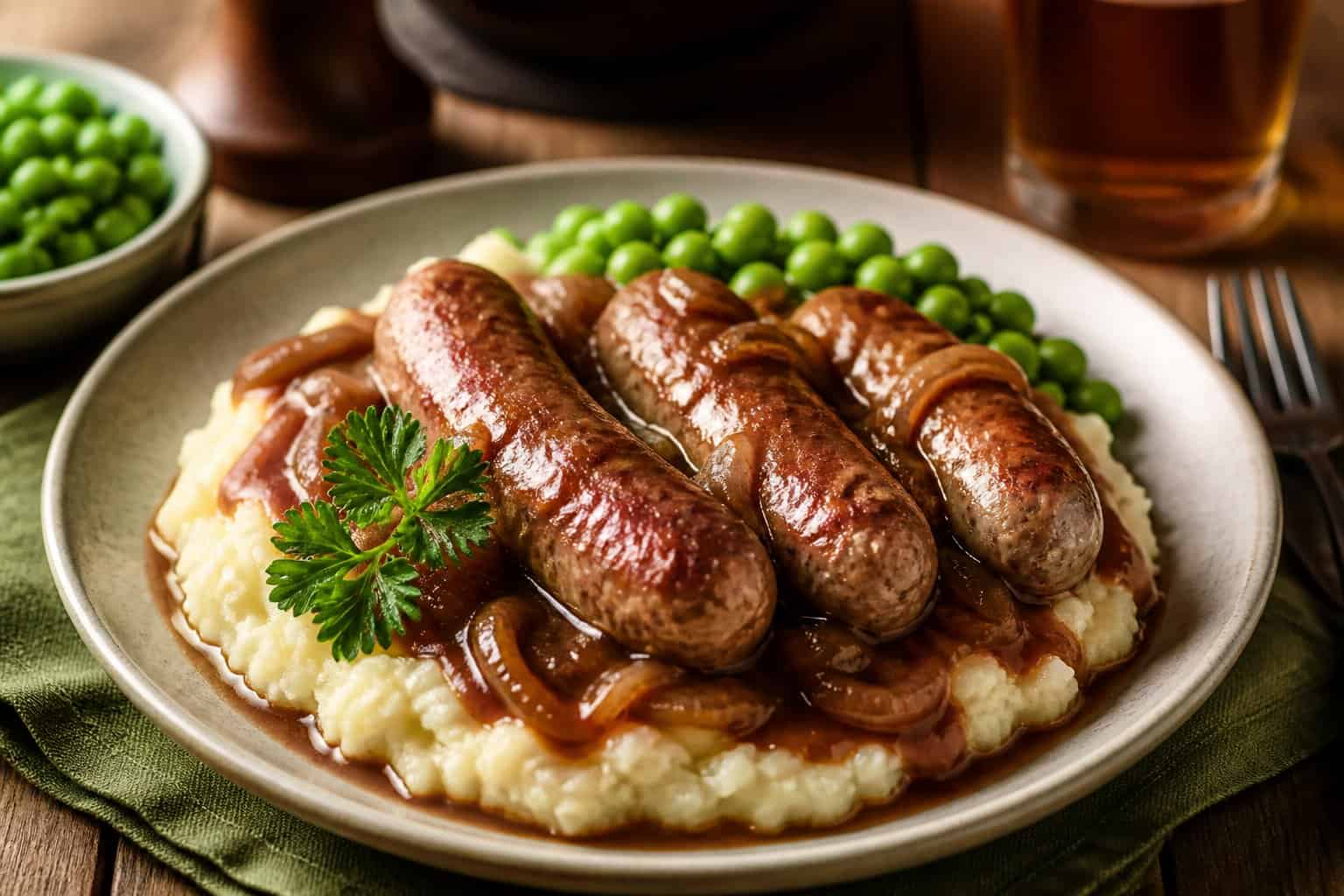 A plate of sausages and mashed potatoes topped with onion gravy, served with green peas on a wooden table.