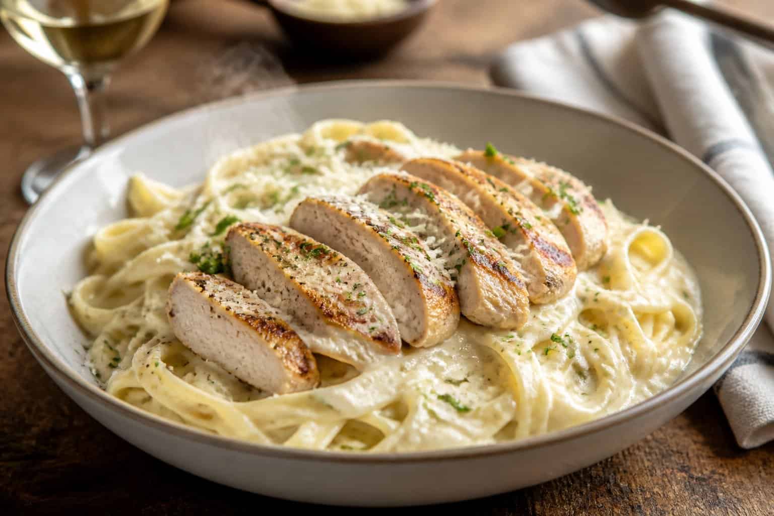 A bowl of creamy chicken Alfredo pasta with grilled chicken slices and parsley garnish on a wooden table.