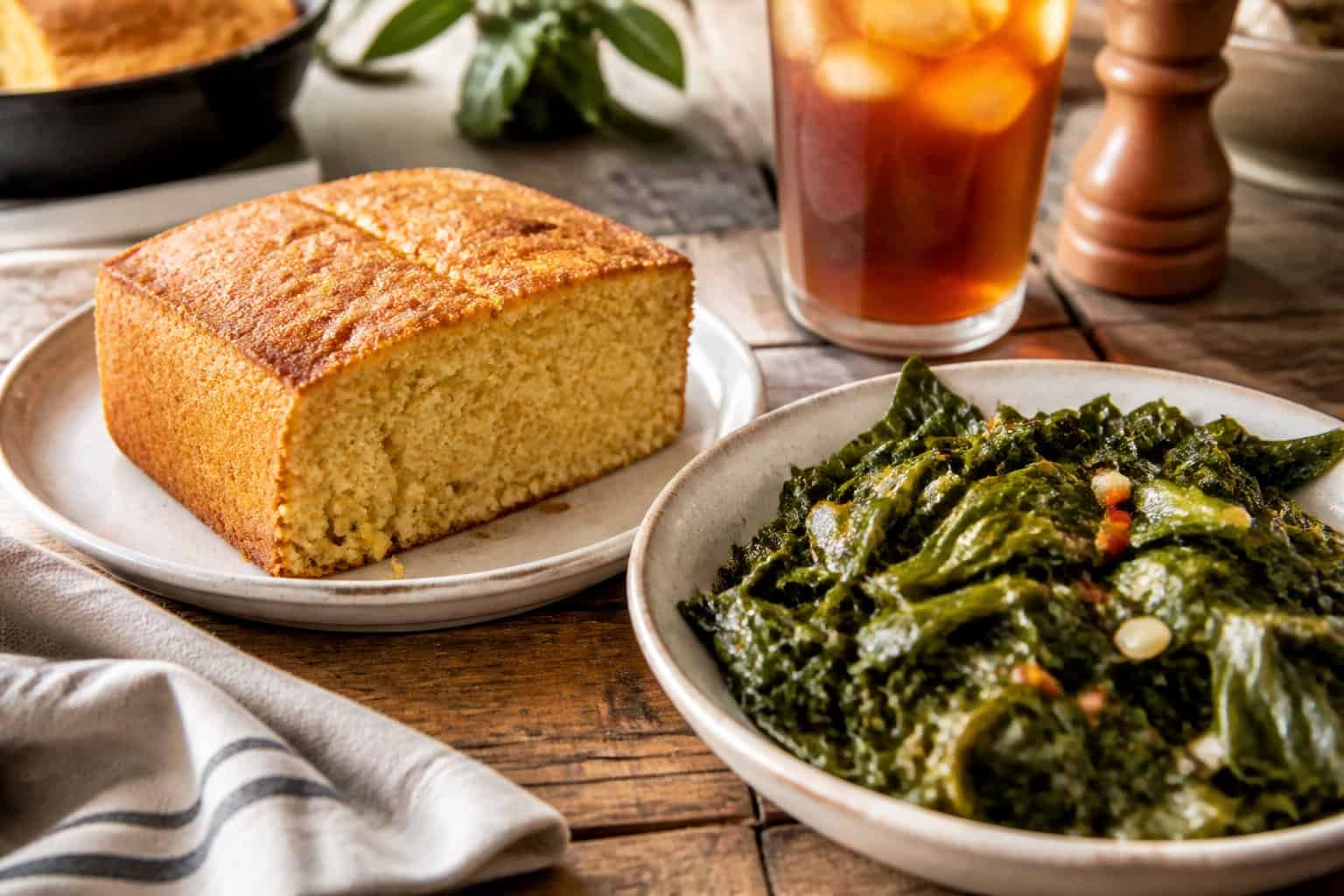 A plate of golden cornbread and sautéed collard greens on a wooden table with a glass of iced tea nearby.