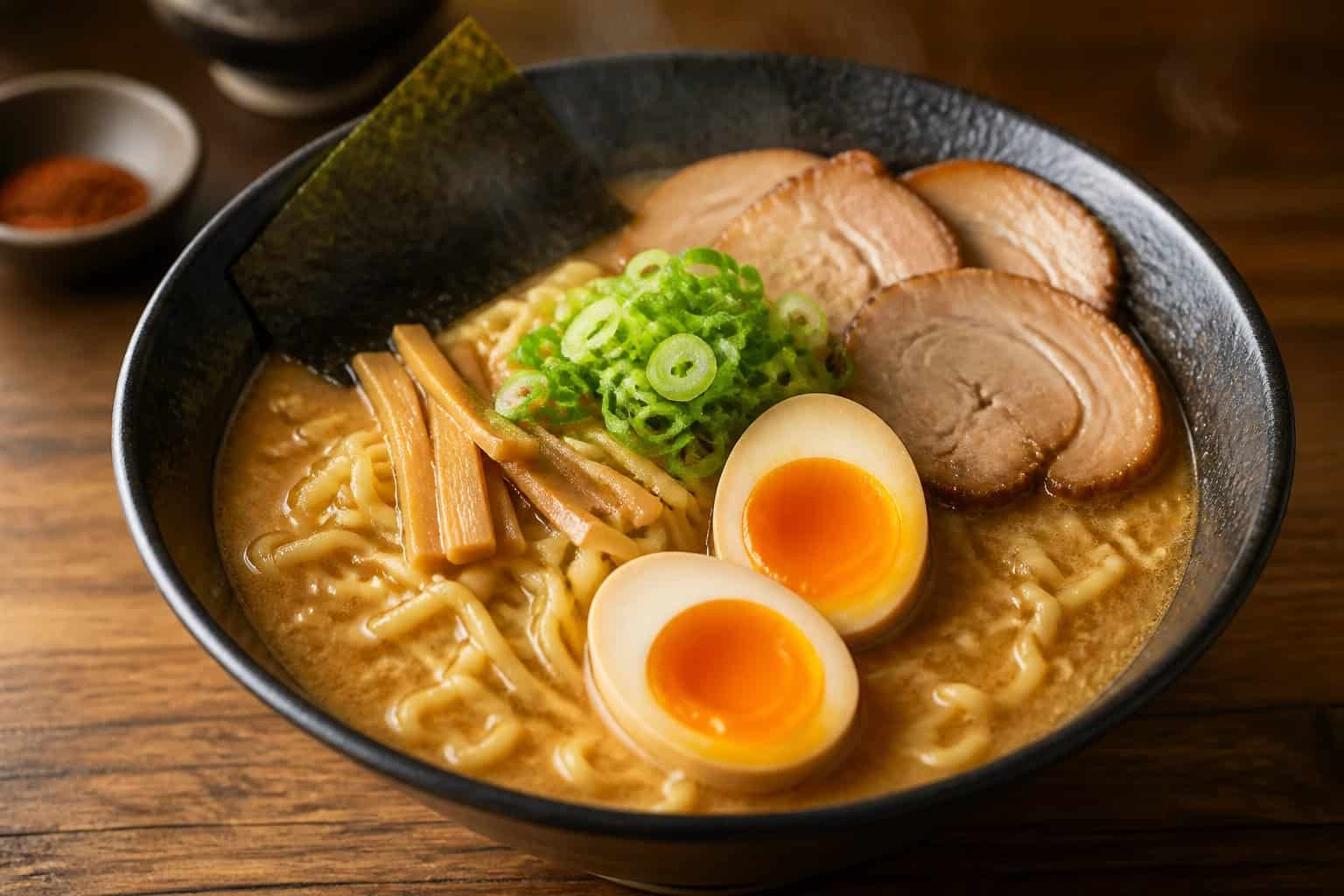A bowl of miso ramen with a soft-boiled egg, noodles, green onions, seaweed, bamboo shoots, and pork on a wooden table.