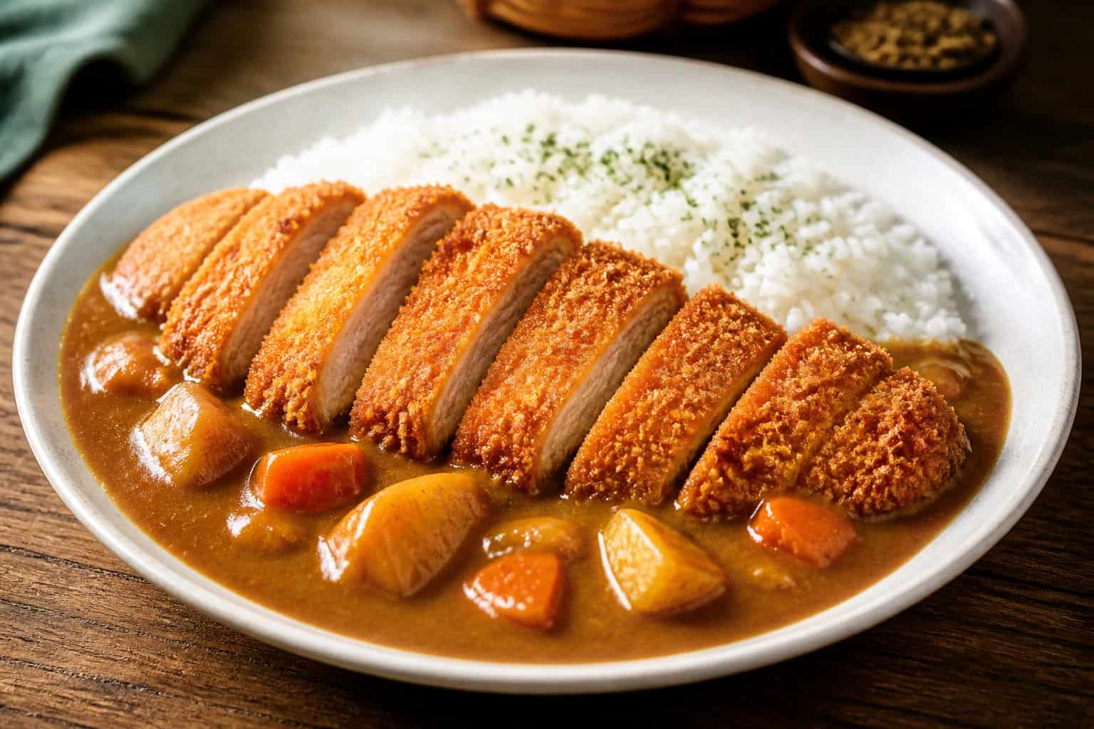 A plate of crispy chicken katsu served with thick curry sauce and white rice on a wooden table.