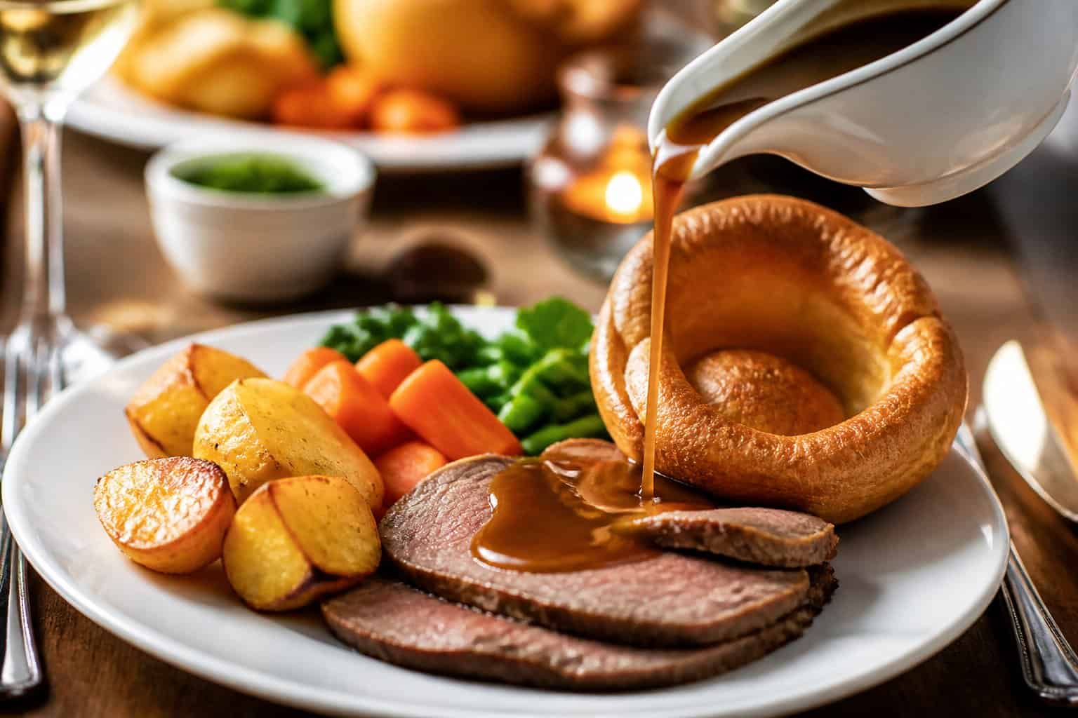 A plate with roasted meat, roast potatoes, steamed vegetables, gravy, and a Yorkshire pudding on a wooden table.