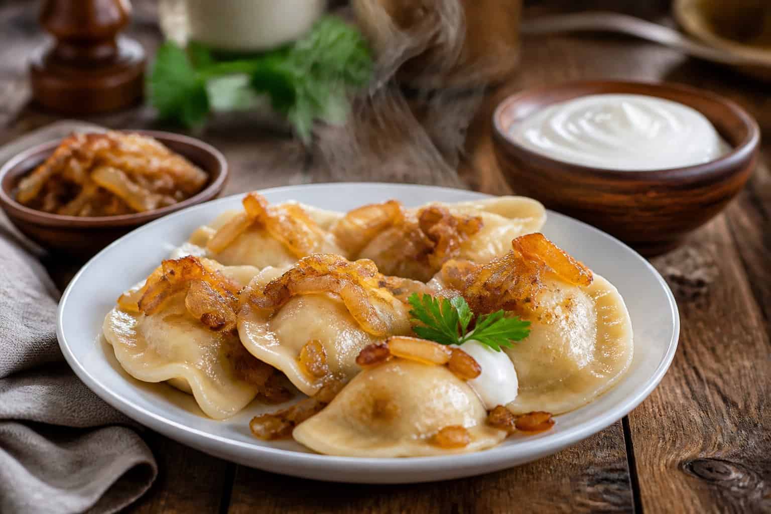 A plate of pierogi topped with caramelized onions on a wooden table with small bowls of onions and sour cream nearby.