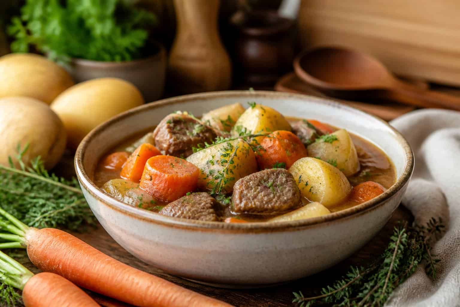 A bowl of Irish stew with lamb, carrots, potatoes, and herbs on a wooden table with fresh ingredients nearby.