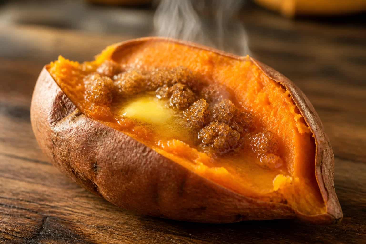 A baked sweet potato split open with melted butter and brown sugar on a wooden table.