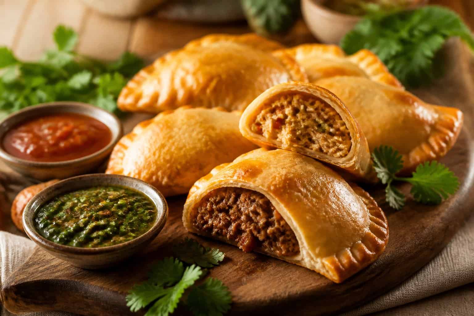 A wooden table with golden brown empanadas filled with beef and chicken, accompanied by dipping sauces and fresh herbs.