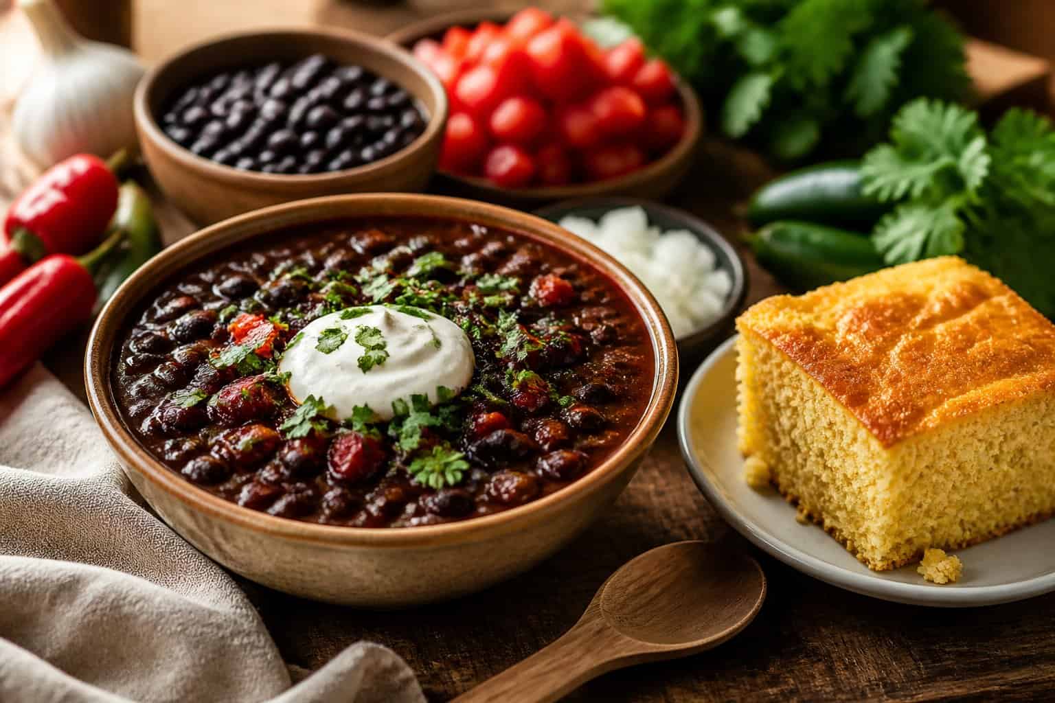 A bowl of black bean chili topped with cilantro and sour cream next to a plate of cornbread on a wooden table.