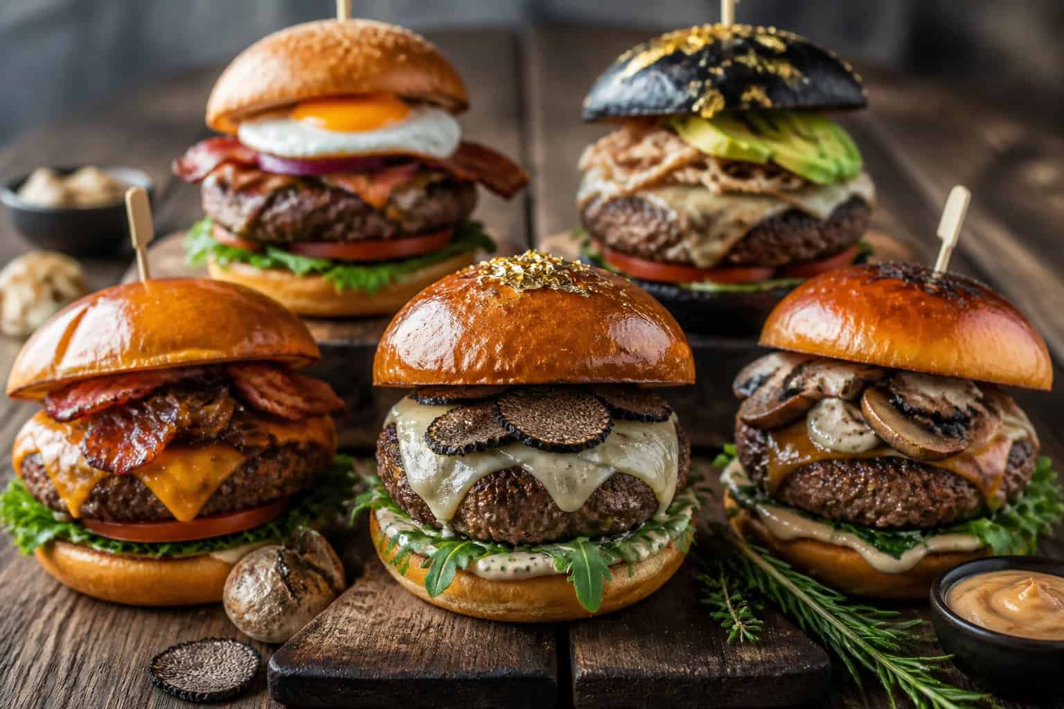 A variety of gourmet burgers with premium toppings arranged on a wooden table.