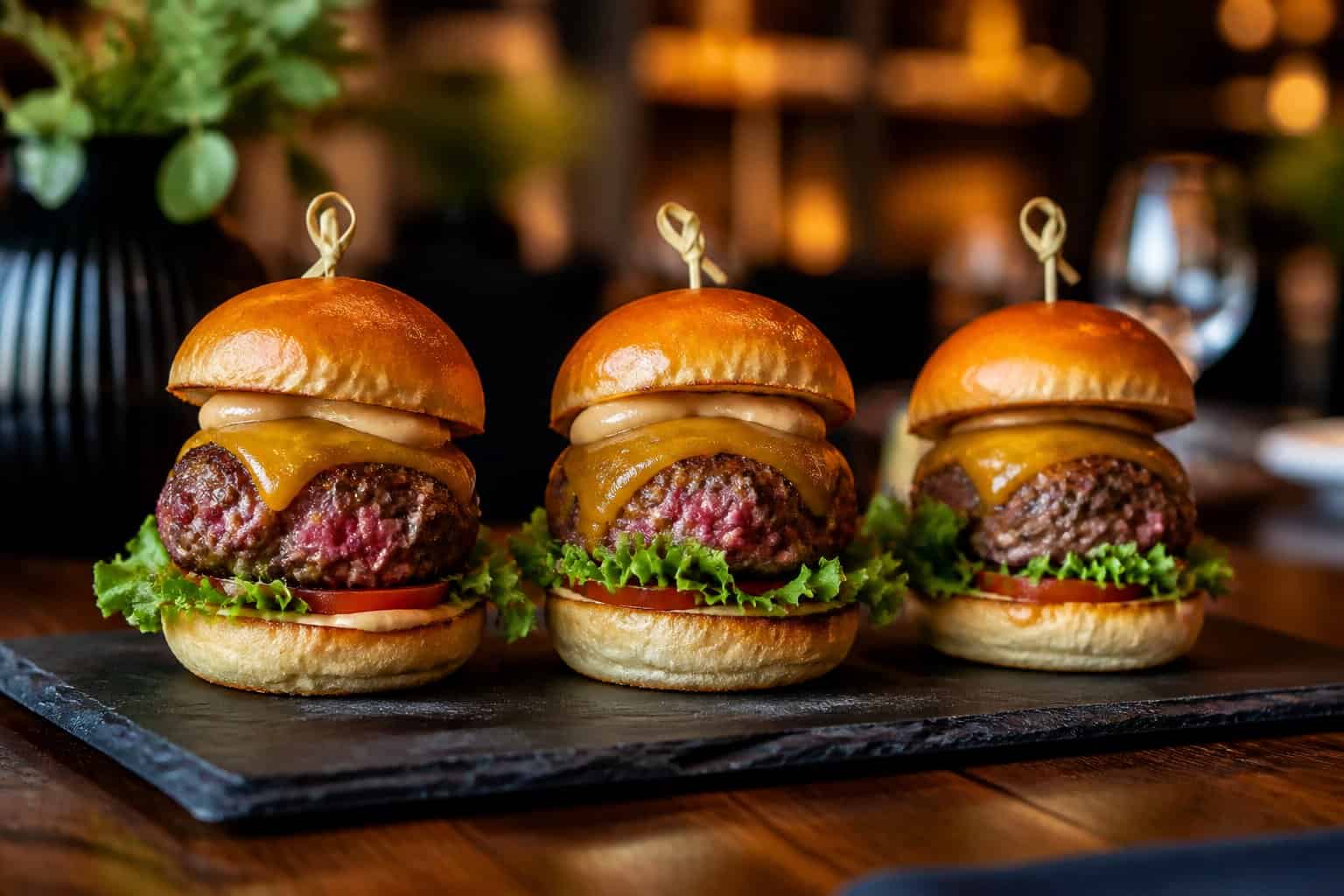 A close-up of gourmet mini burgers with lettuce, tomato, cheese, and sauce served on a black slate board in an elegant restaurant setting.