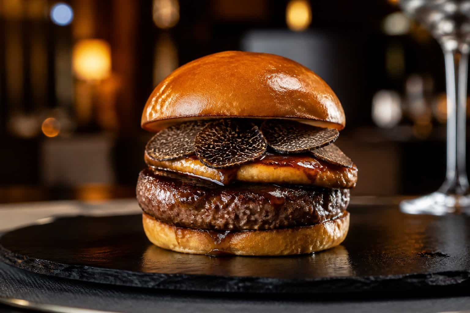 A gourmet burger with a thick beef patty, foie gras, black truffle slices, and a toasted brioche bun on a black slate plate.