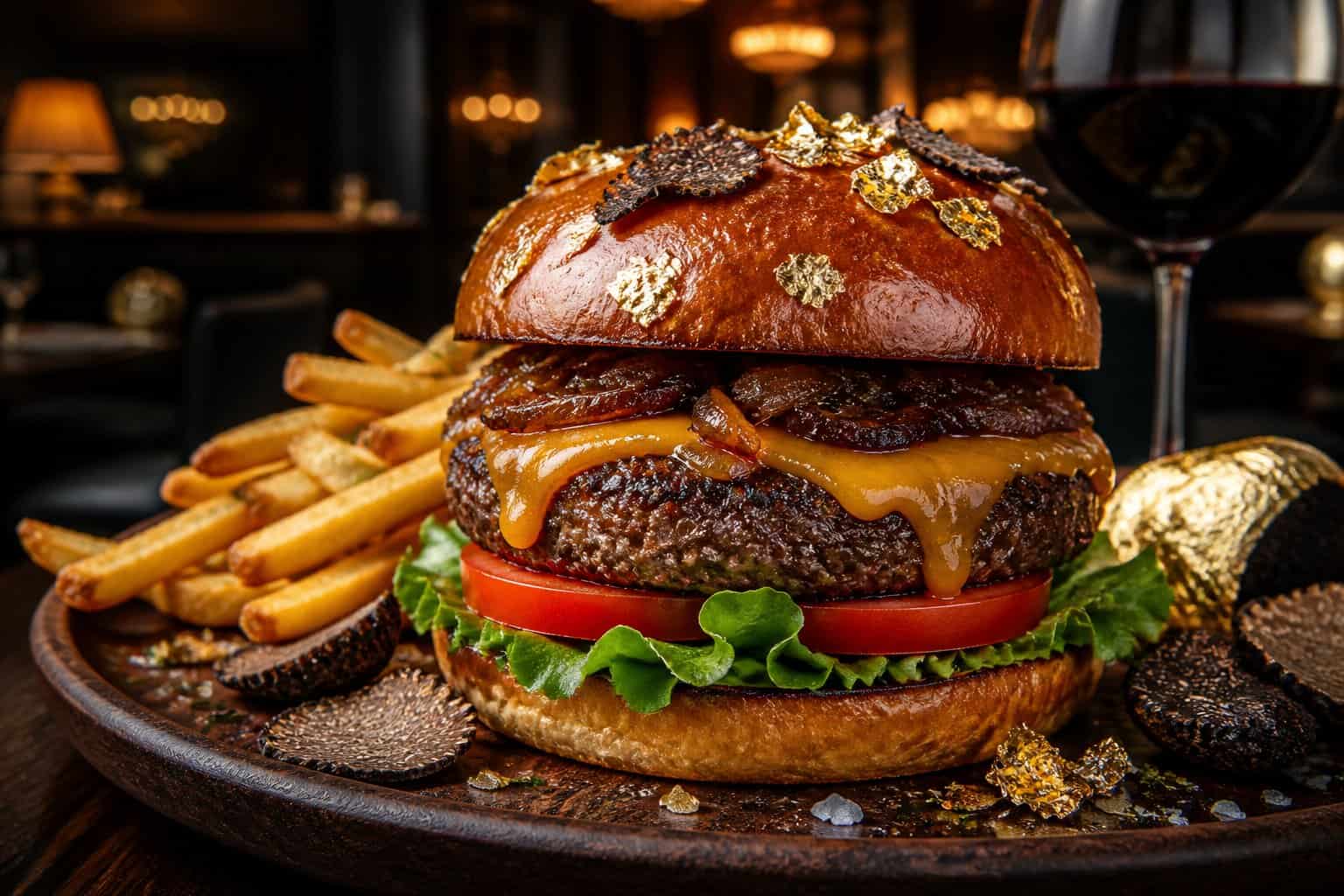 A gourmet steakhouse burger with premium beef, cheese, lettuce, tomato, caramelized onions, and gold leaf on a brioche bun, served with crispy fries on a wooden plate.