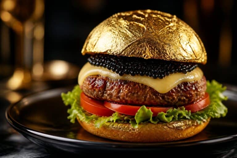 A luxurious burger topped with edible gold leaf and black caviar, served on a modern plate.