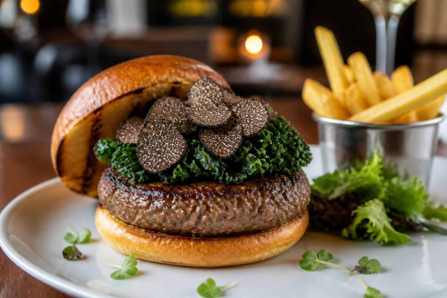 A gourmet Wagyu burger topped with kale and truffle on a white plate in a stylish bistro setting.