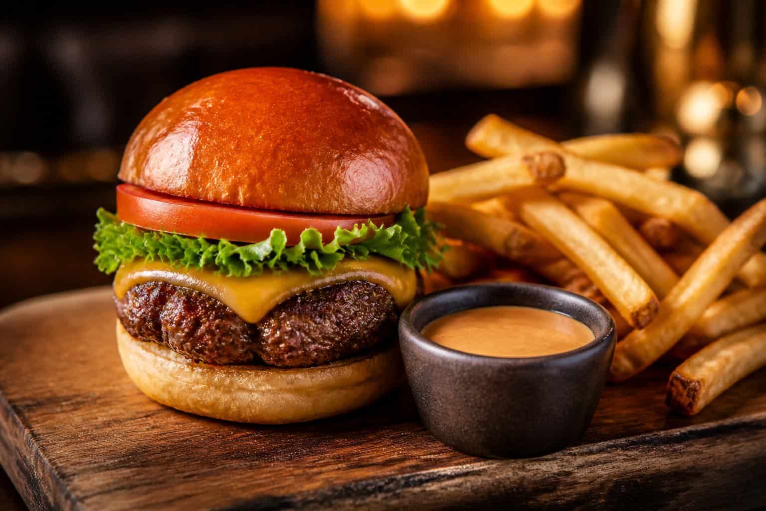 A Kobe Beef A5 slider with lettuce, tomato, and melted cheese on a brioche bun, served with French fries on a wooden board.