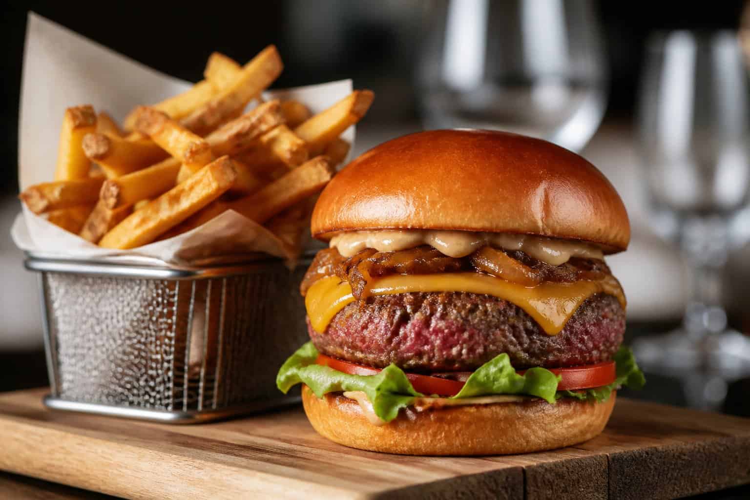 A gourmet Black Label Burger with lettuce, tomato, cheese, caramelized onions, and fries on a wooden board.