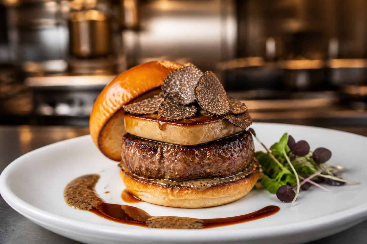 A gourmet burger topped with foie gras and black truffles on a white plate in a modern kitchen.