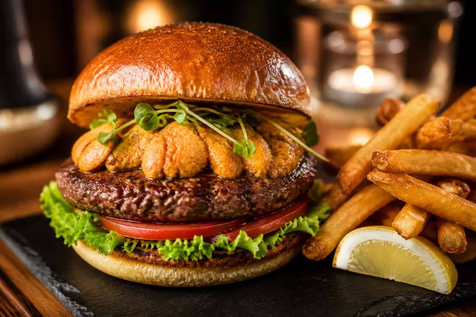 A gourmet Wagyu beef burger topped with sea urchin on a brioche bun, served with fries and a lemon wedge on a dark plate.