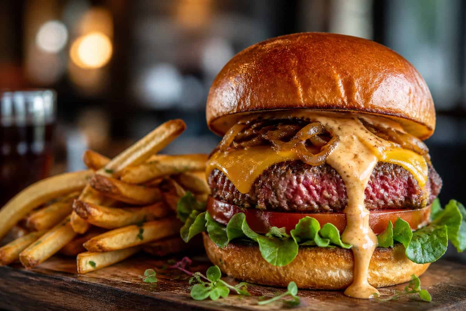 A gourmet burger with a toasted bun, beef patty, cheese, lettuce, tomato, caramelized onions, and sauce on a wooden board with fries and microgreens.