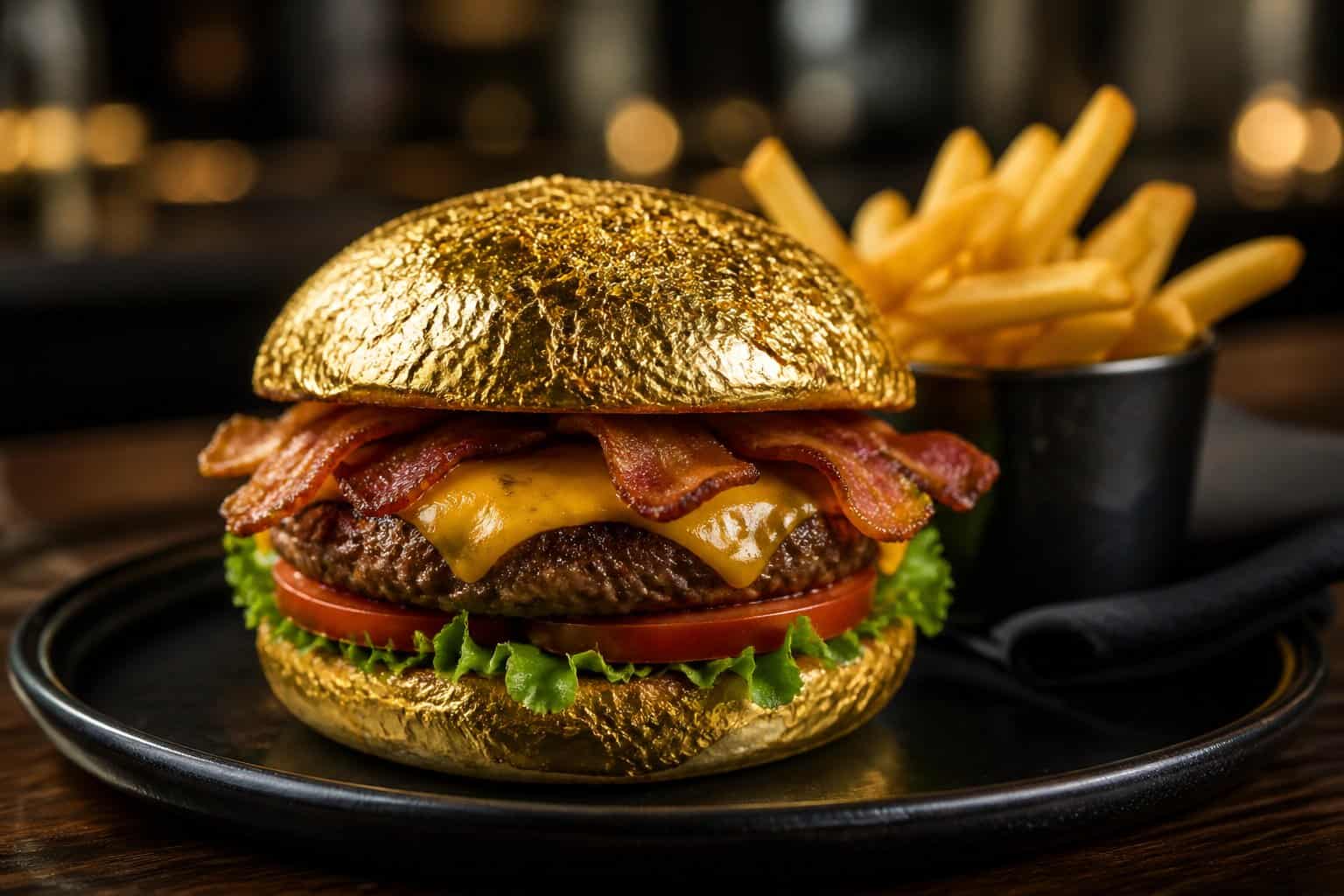 A close-up of a burger covered with edible gold leaf, served on a plate with fries on a wooden table.