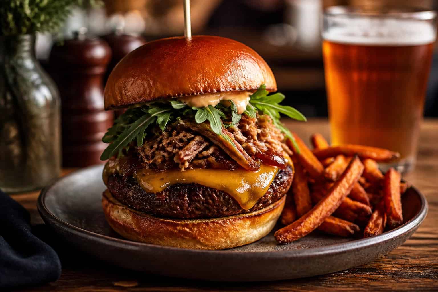 A gourmet bison and duck confit burger with melted cheese and greens on a brioche bun, served on a wooden table with a side of fries.