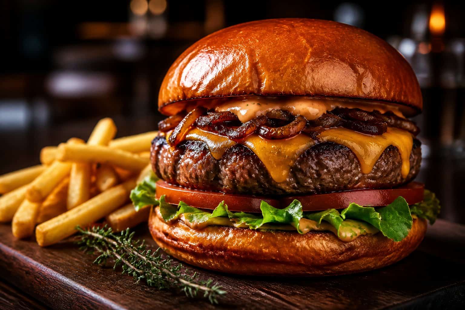 Close-up of a dry-aged porterhouse steak burger with melted cheese, lettuce, tomato, and caramelized onions on a toasted bun, served with crispy fries on a wooden table.