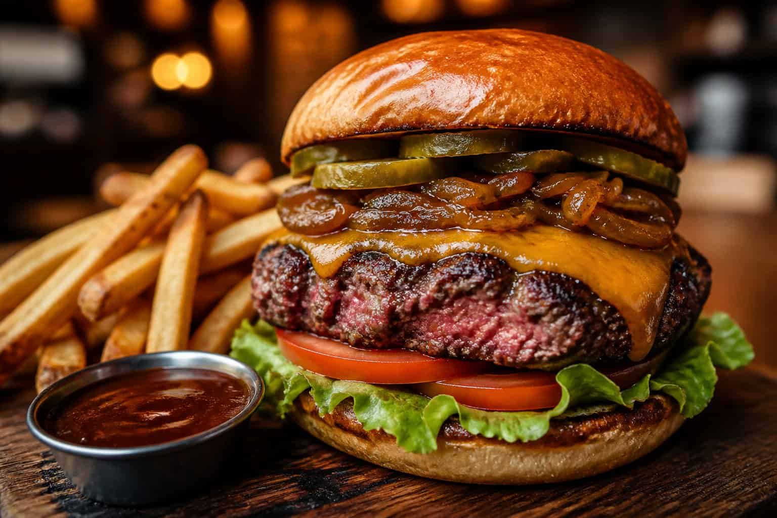 A smoked Wagyu brisket burger with cheese, lettuce, tomato, and pickles on a toasted bun, served with French fries and barbecue sauce on a wooden board.