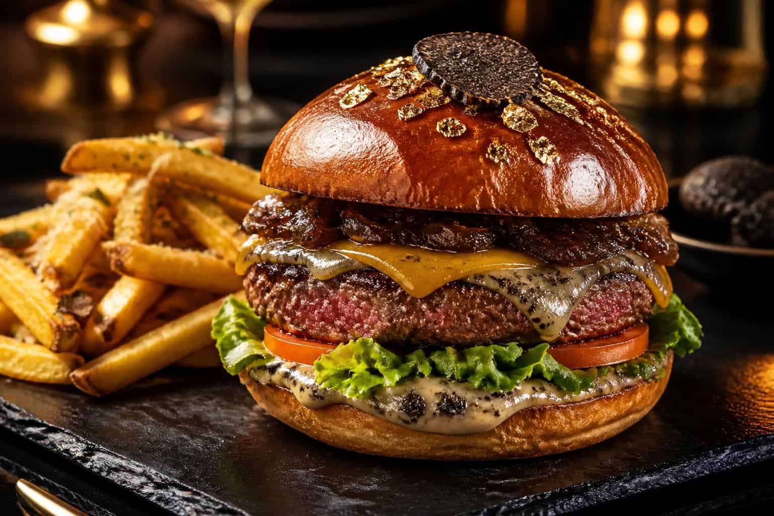 A gourmet burger with a brioche bun, Wagyu beef patty, cheese, lettuce, tomato, caramelized onions, black truffle, and edible gold flakes, served with truffle fries on a dark plate.