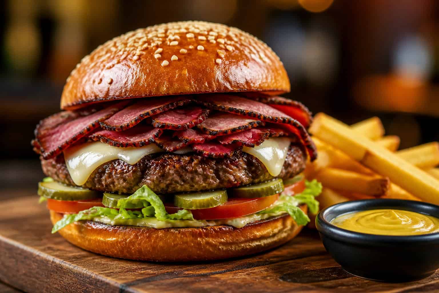 A large pastrami sandwich burger with melted cheese, lettuce, tomato, and pickles on a toasted bun, served with French fries and mustard sauce.