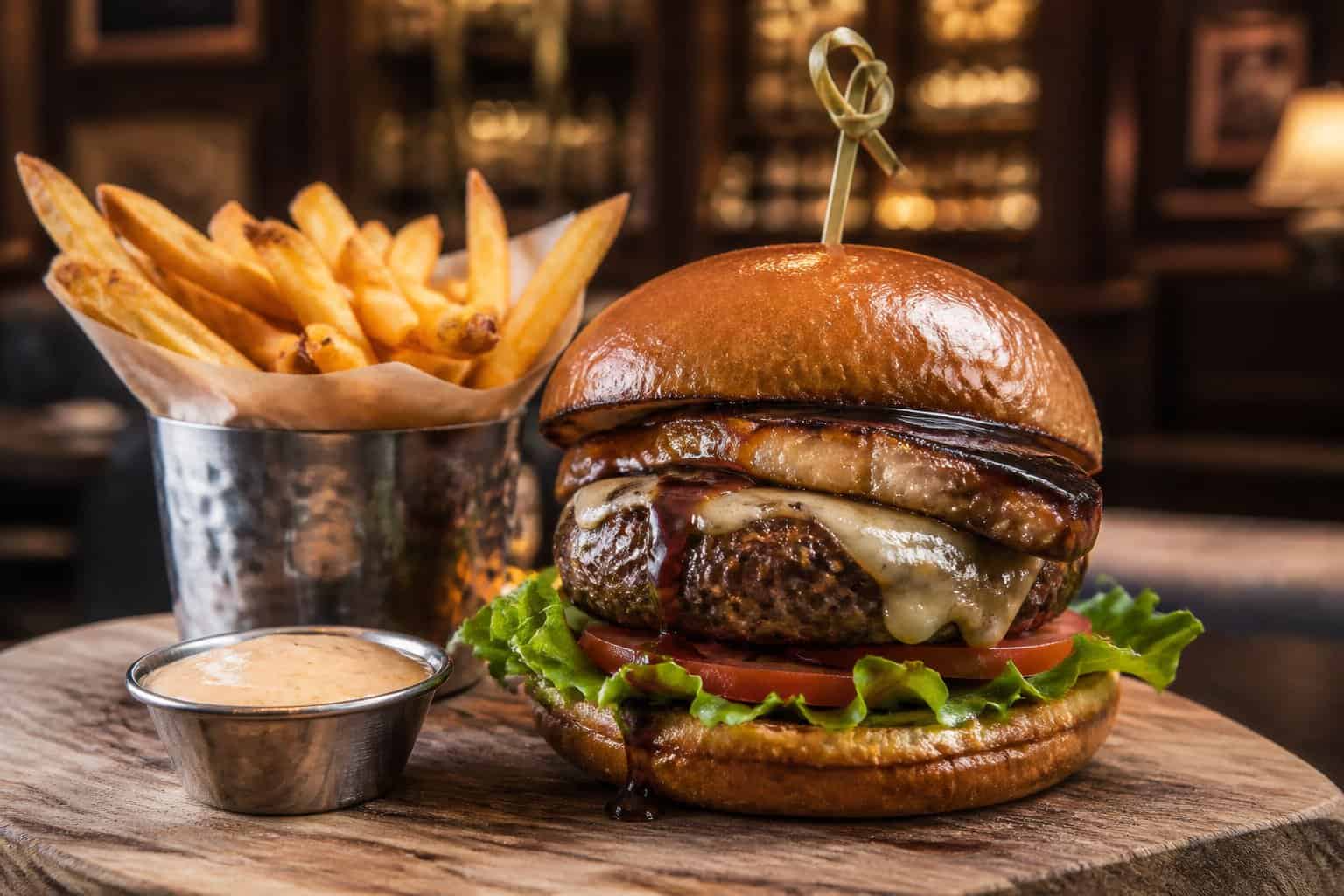 A gourmet burger topped with foie gras and bourbon glaze on a toasted bun, served with fries on a wooden board in a warm gastropub setting.