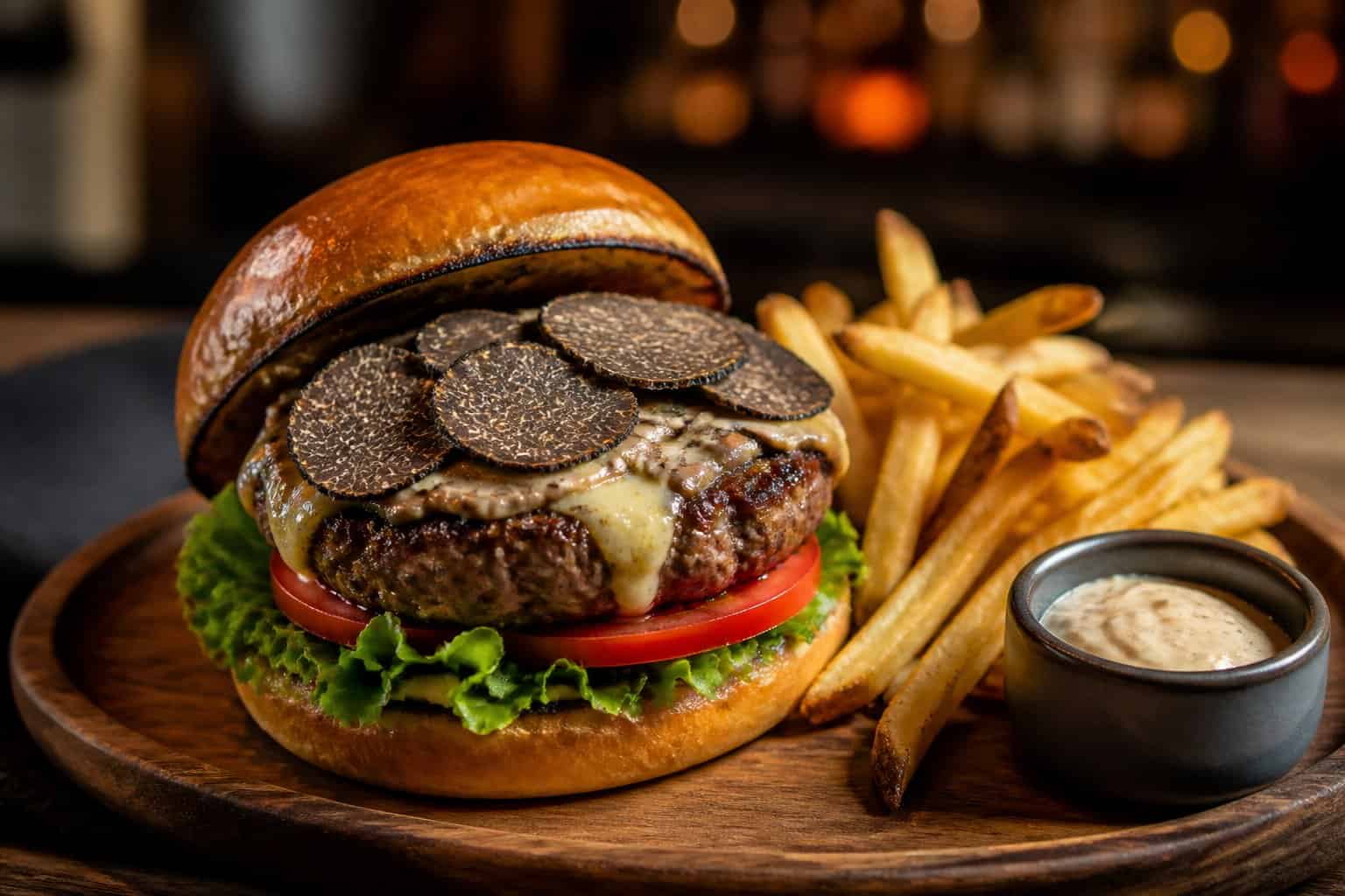 A gourmet black truffle butter burger with lettuce, tomato, cheese, and a toasted brioche bun served with fries and dipping sauce on a wooden board.