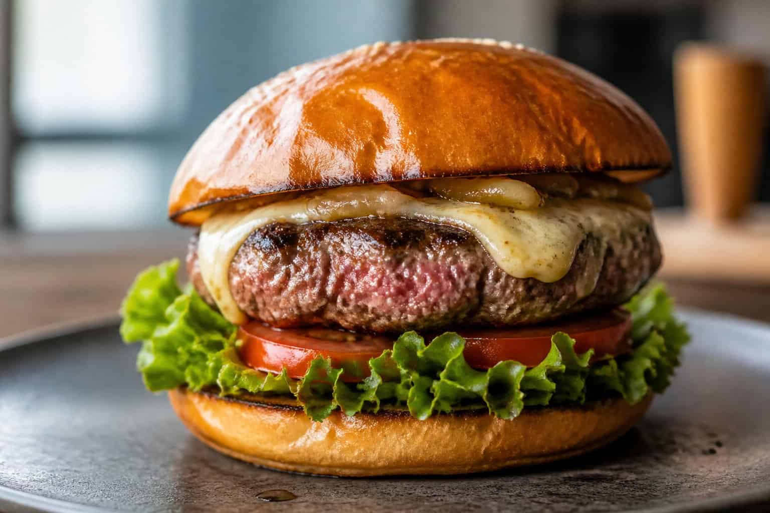 A close-up of a gourmet burger with a thick wagyu beef patty, lettuce, tomato, cheese, and a toasted bun on a restaurant table.