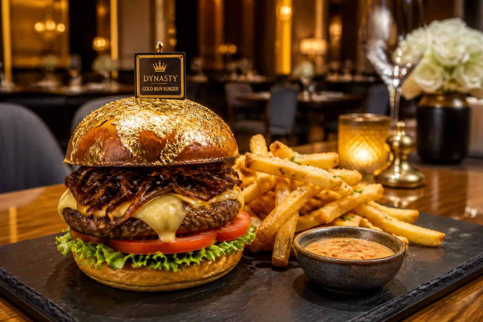A gourmet burger with a shiny gold-dusted bun, lettuce, tomato, cheese, and caramelized onions on a black plate with fries, set in an elegant hotel restaurant.