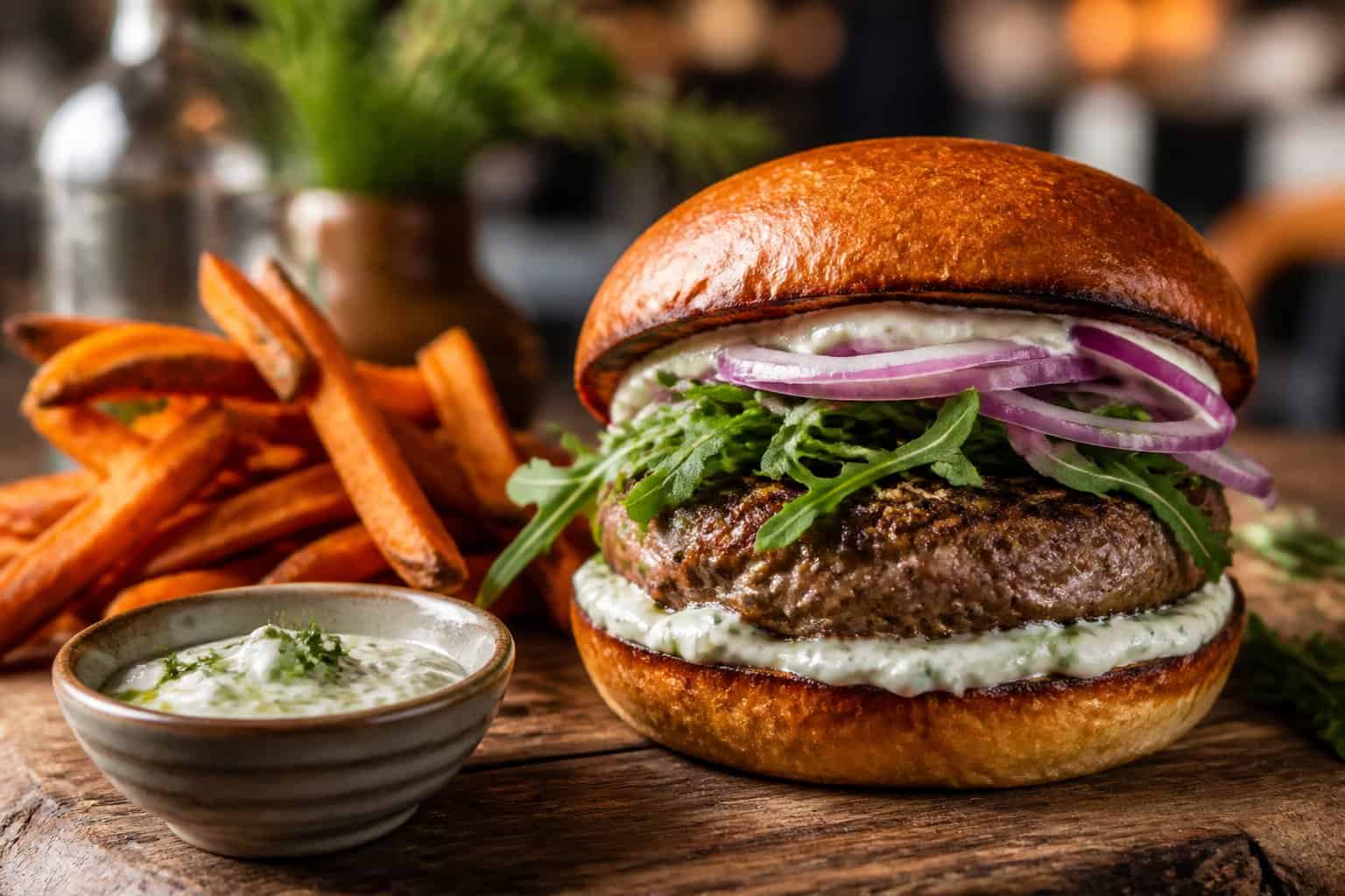 A Heritage Breed Lamb and Fennel Burger with arugula and red onions on a toasted brioche bun, served with sweet potato fries and dipping sauce on a wooden board.