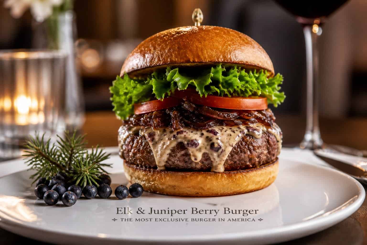 A gourmet elk meat burger with lettuce, tomato, caramelized onions, and juniper berry sauce on an artisan bun, served on a white plate with juniper berry garnish on a restaurant table.