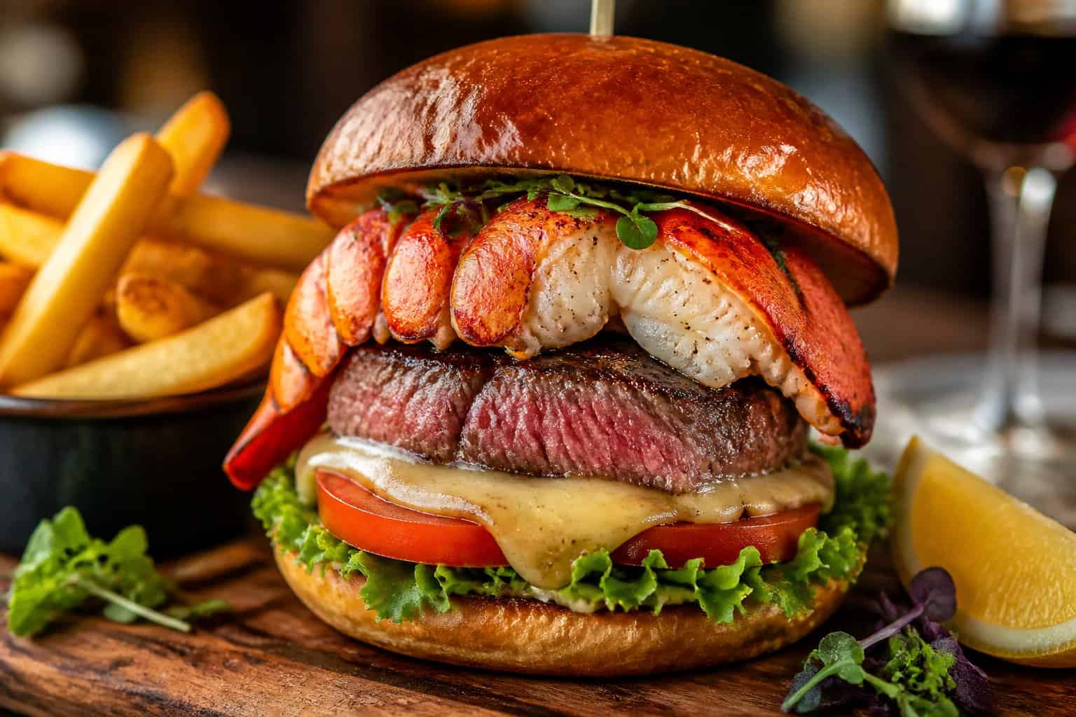 A gourmet surf and turf burger with lobster tail and filet medallion on a wooden board, accompanied by fries and garnishes.