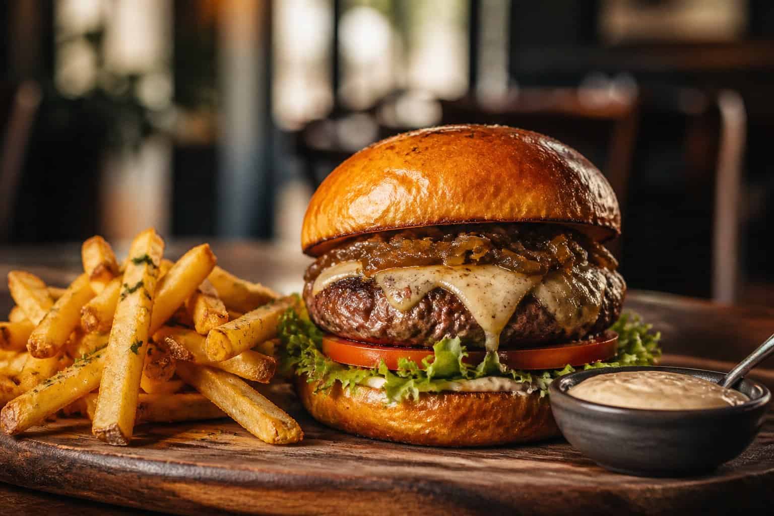 A gourmet burger with melted cheese, lettuce, tomato, and caramelized onions on a toasted bun served with fries on a wooden plate.