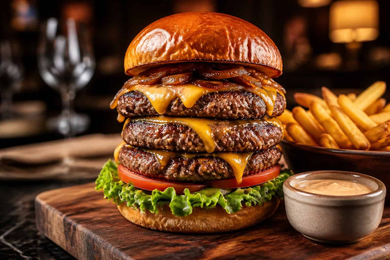 A triple-stack burger with three thick beef patties, melted cheese, lettuce, tomato, and onions on a toasted bun, served with fries on a wooden board.