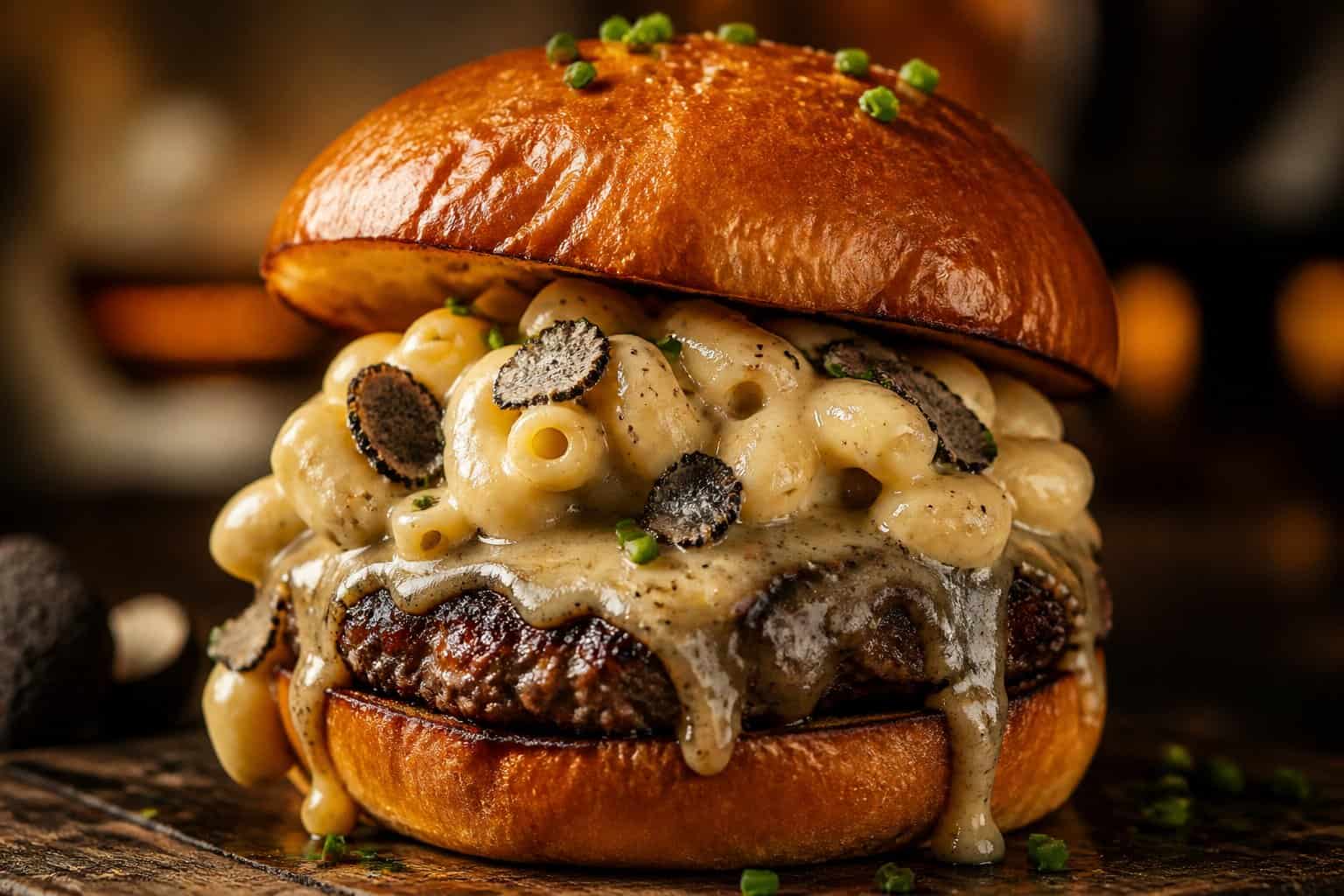 A close-up of a gourmet burger topped with creamy truffle mac and cheese on a toasted bun, placed on a wooden surface.